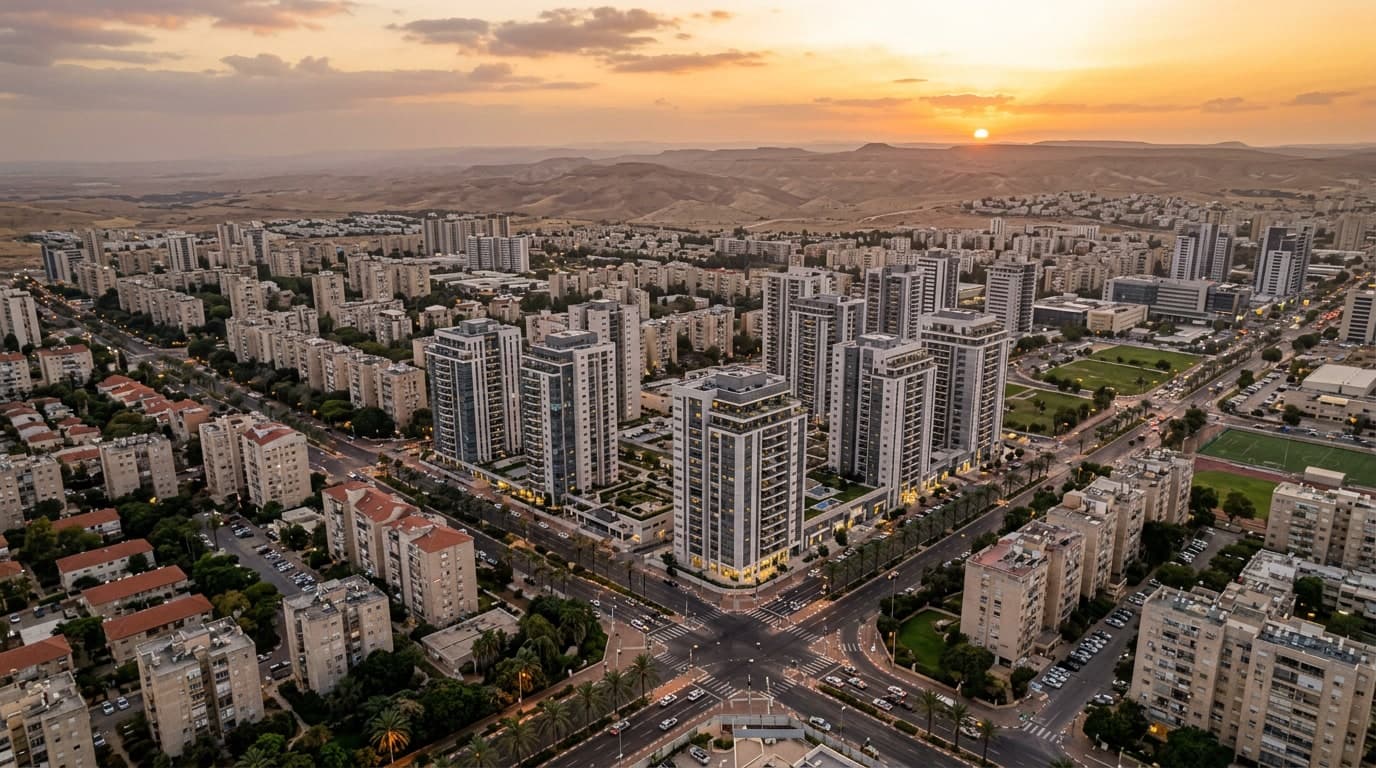 מבט אווירי על באר שבע בשקיעה